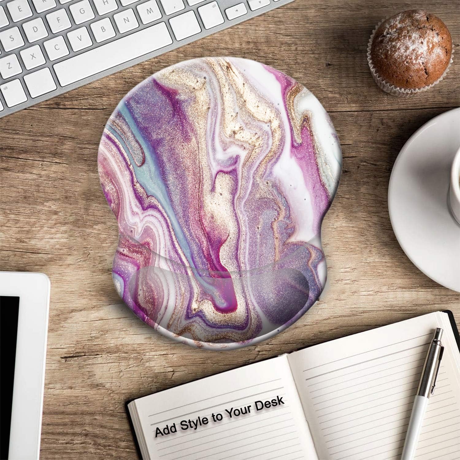 Ergonomic Mouse Pad with Gel Wrist Support Small Wrist Rest Smooth Surface Non-Slip PU Base Comfortable Office Supplies Pain Relief, 8.7 X 7.2 Inches, Purple Modern Marbling Art