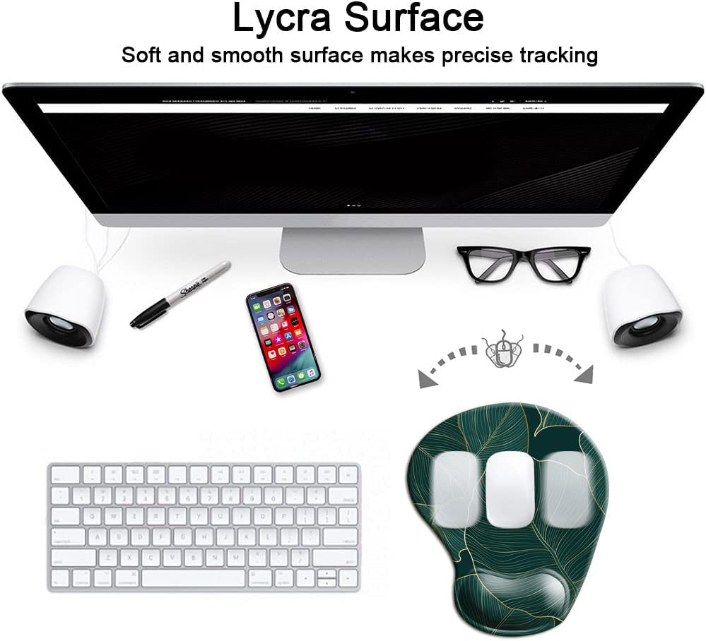 Ergonomic Mouse Pad with Wrist Support Gel Mouse Pad with Wrist Rest, Comfortable Computer Mouse Pad for Laptop, Pain Relief Mousepad with Non-Slip Rubber Base, 9 X 10 In,Green Leaves