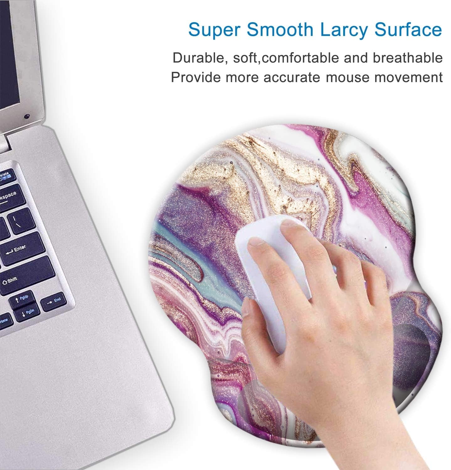 Ergonomic Mouse Pad with Gel Wrist Support Small Wrist Rest Smooth Surface Non-Slip PU Base Comfortable Office Supplies Pain Relief, 8.7 X 7.2 Inches, Purple Modern Marbling Art