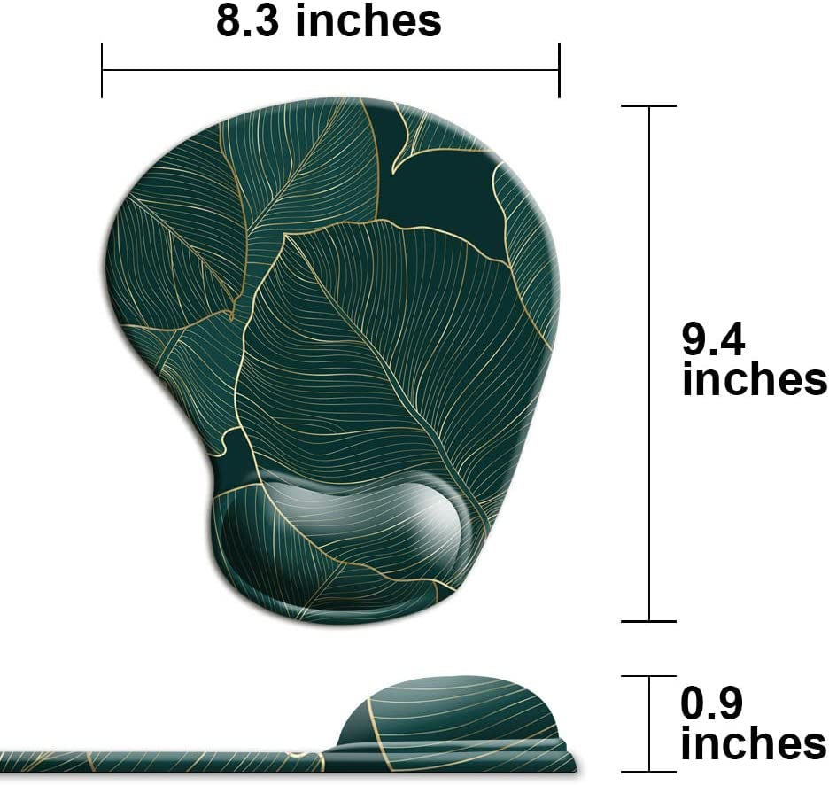 Ergonomic Mouse Pad with Wrist Support Gel Mouse Pad with Wrist Rest, Comfortable Computer Mouse Pad for Laptop, Pain Relief Mousepad with Non-Slip Rubber Base, 9 X 10 In,Green Leaves
