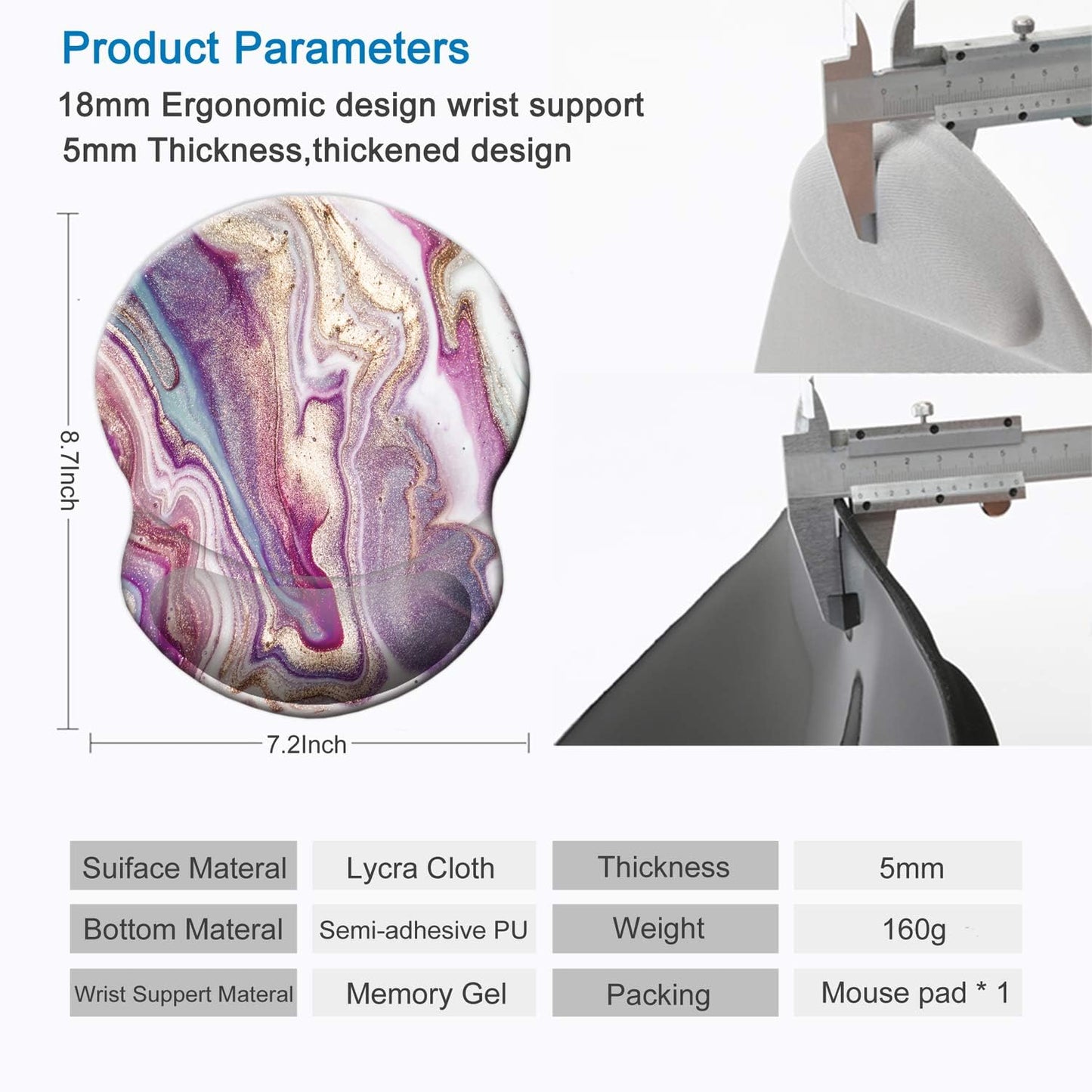 Ergonomic Mouse Pad with Gel Wrist Support Small Wrist Rest Smooth Surface Non-Slip PU Base Comfortable Office Supplies Pain Relief, 8.7 X 7.2 Inches, Purple Modern Marbling Art